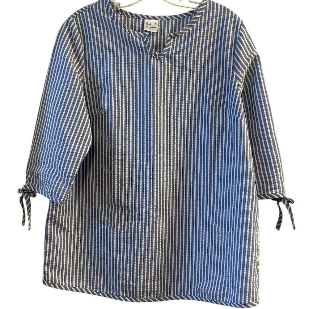 Blair Women's Striped‎ Tunic Top Blue/White V-Neck 3/4 Sleeve M